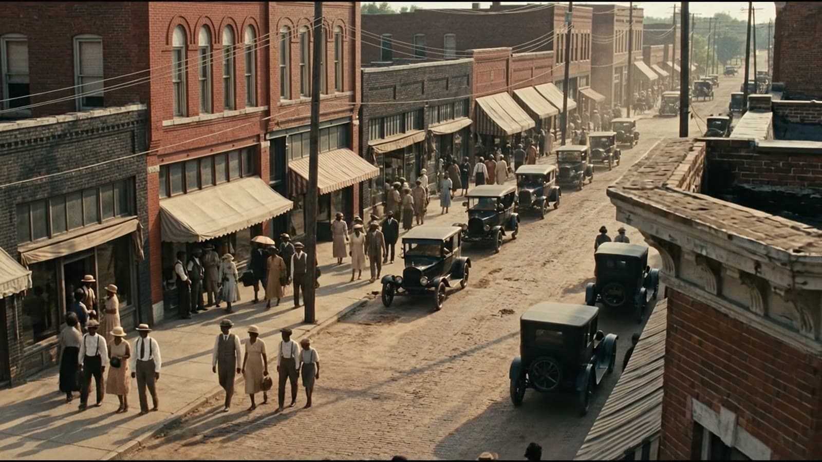 Greenwood Avenue in 1921, busy with Black residents and Model T cars