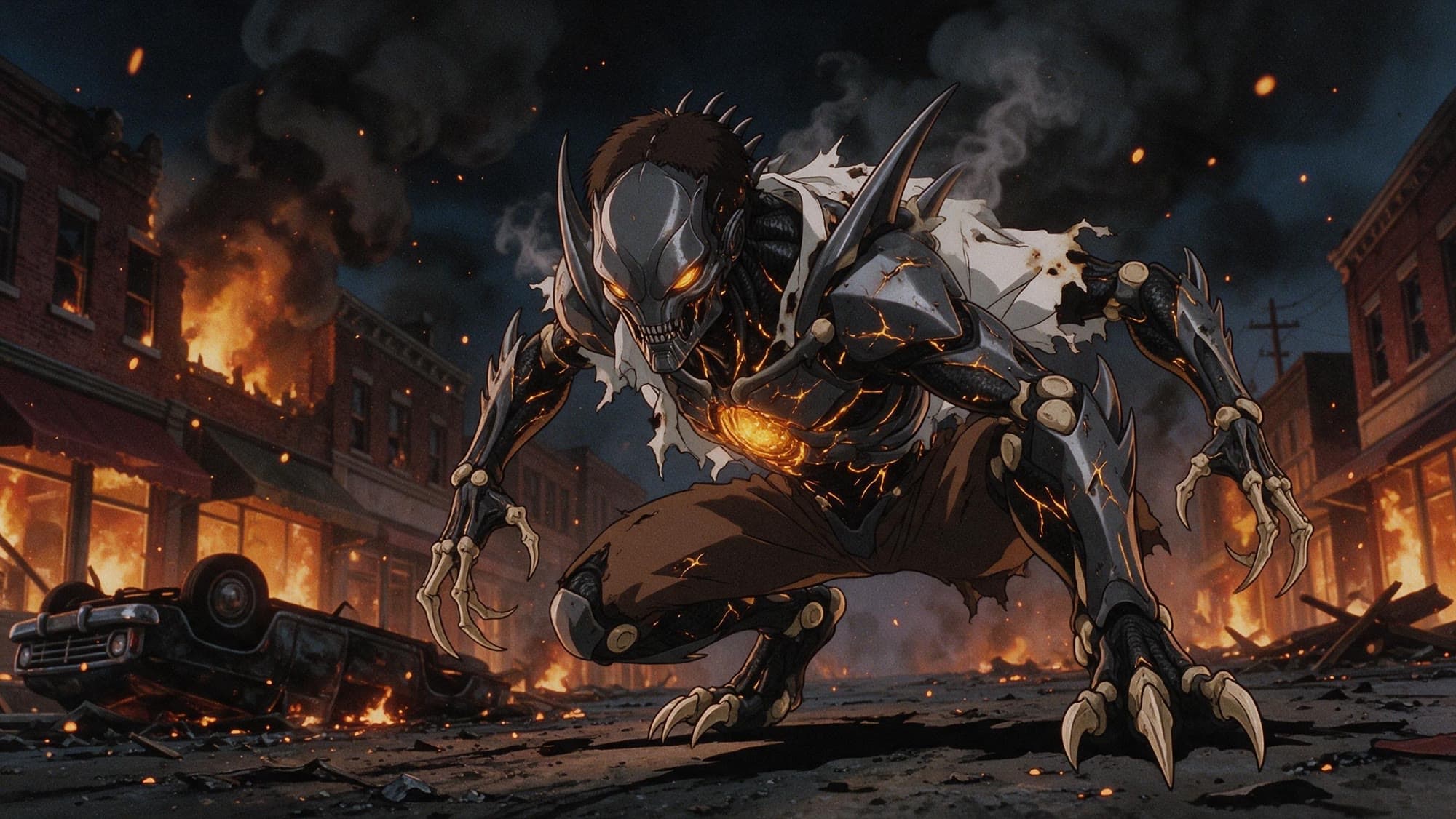 Emmit's combat form crouched in a burning street